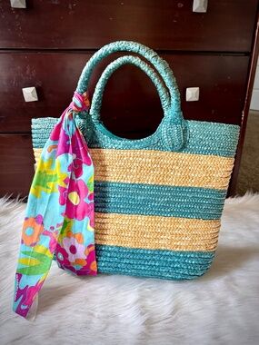 Ralph Lauren Turquoise Teal Striped Woven Straw Tote with Floral Scarf